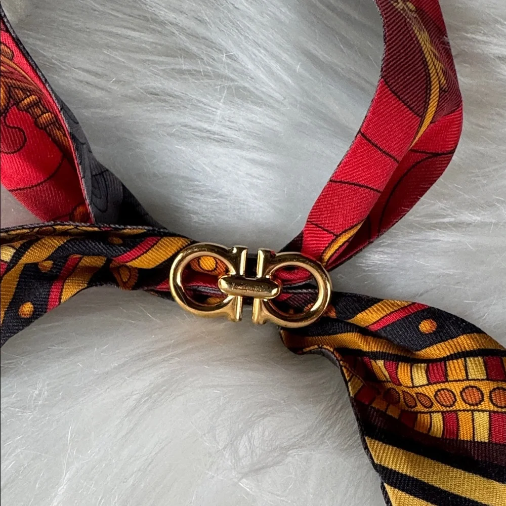 Salvatore Ferragamo silk double sided Twilly with gold‎ Gancini scarf ring